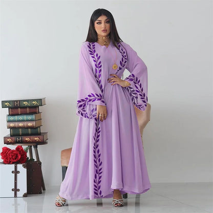 Abaya – robe en mousseline de soie brodée à fleurs pour femmes, Hijab rose, col en V, manches longues, ample, musulman arabe, dubaï, Caftan marocain