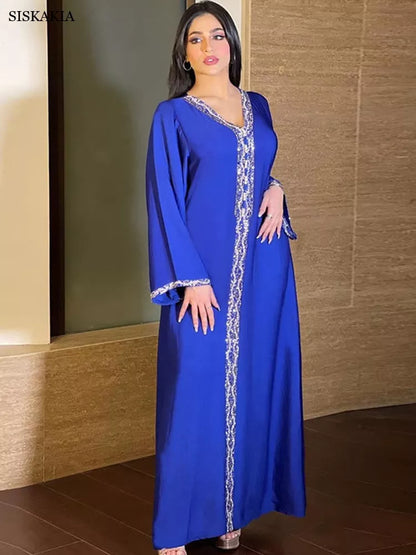 Robe femmes strass couleur unie col en v longue robe Jalabya arabe dubaï