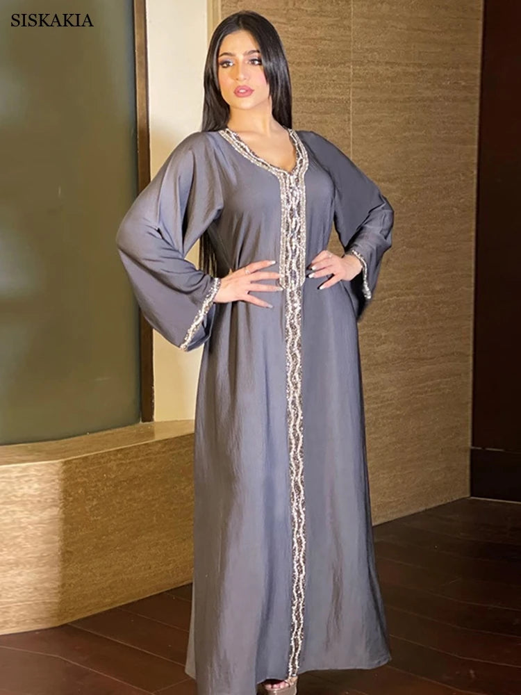 Robe femmes strass couleur unie col en v longue robe Jalabya arabe dubaï