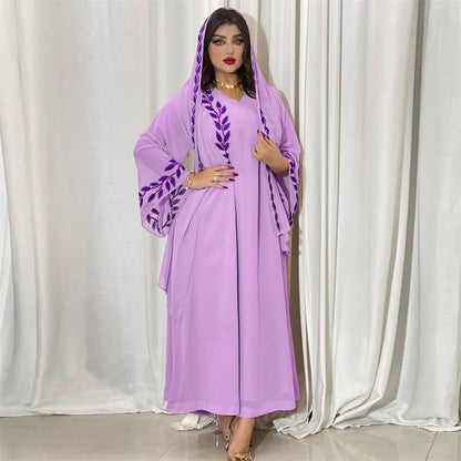 Abaya – robe en mousseline de soie brodée à fleurs pour femmes, Hijab rose, col en V, manches longues, ample, musulman arabe, dubaï, Caftan marocain