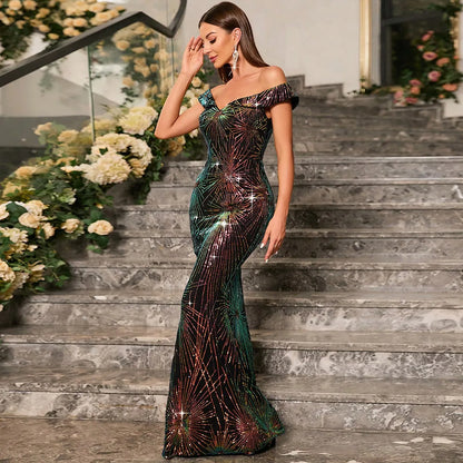 Robe de soirée à sequins et épaules dénudées