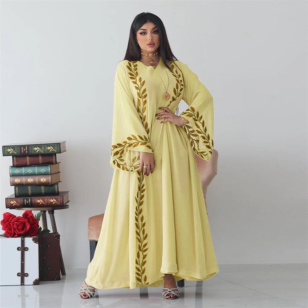 Abaya – robe en mousseline de soie brodée à fleurs pour femmes, Hijab rose, col en V, manches longues, ample, musulman arabe, dubaï, Caftan marocain