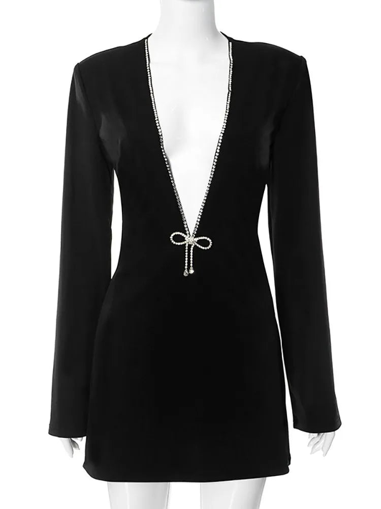 Robe de soirée noire Sexy, décolleté en v profond, avec nœud en diamants, scintillante, manches longues, épissée, courte, mode dame élégante, tenue de soirée, club