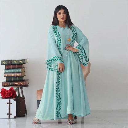 Abaya – robe en mousseline de soie brodée à fleurs pour femmes, Hijab rose, col en V, manches longues, ample, musulman arabe, dubaï, Caftan marocain