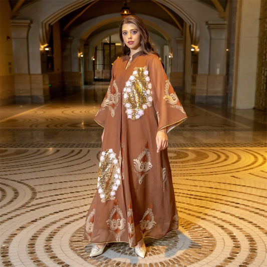 Robe de soirée pour femme musulmane, caftan marocain, abaya de Dubaï, paillettes chics, col montant cranté